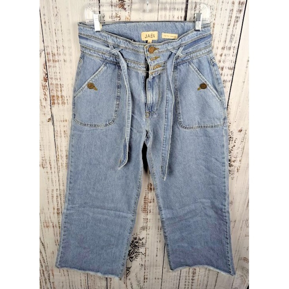 Jaen Harper High Rise Wide Leg Jeans Size 29 Frayed Hem Tie Belt